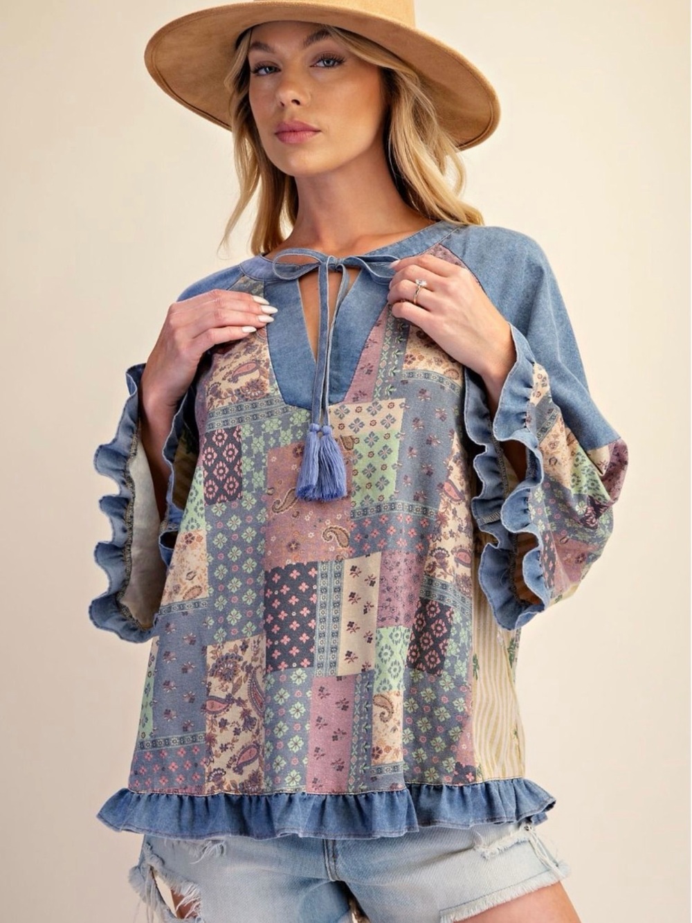 easel Patchwork Tassel Peasant Blouse - Blue Multi NWT